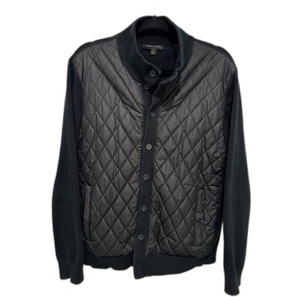 Banana Republic Men’s Sweater Jacket Black Quilted High Neck Medium Button Down - Picture 1 of 10